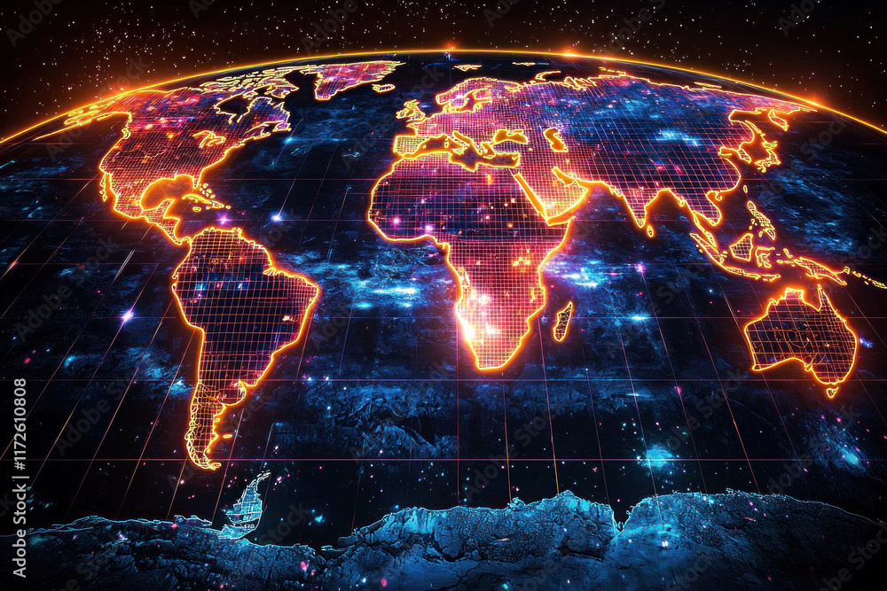 Fototapeta premium Glowing digital world map in space with network grid and data points