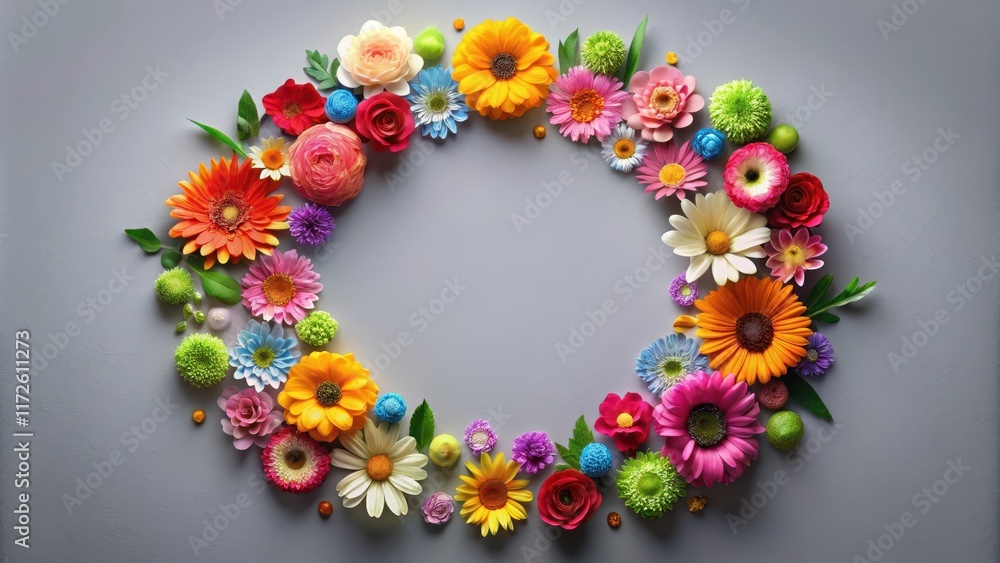 Vibrant colorful flowers in a circular arrangement on a neutral gray background, flowers, floral, flowers Vibrant colorful flowers in a circular arrangement on a neutral gray background, flowers, floral, flowers