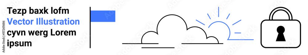 Blue flag, abstract text, line art of sunrise behind cloud, and padlock with keyhole. Ideal for data protection, privacy, cloud storage, security solutions, online safety web design marketing Blue flag, abstract text, line art of sunrise behind cloud, and padlock with keyhole. Ideal for data protection, privacy, cloud storage, security solutions, online safety web design marketing