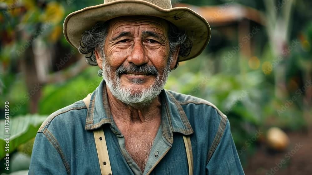 Smiling Farmer: A portrait of a weathered farmer in a straw hat, beaming with pride and contentment. He stands amidst lush greenery, embodying the resilience, dedication. Smiling Farmer: A portrait of a weathered farmer in a straw hat, beaming with pride and contentment. He stands amidst lush greenery, embodying the resilience, dedication.