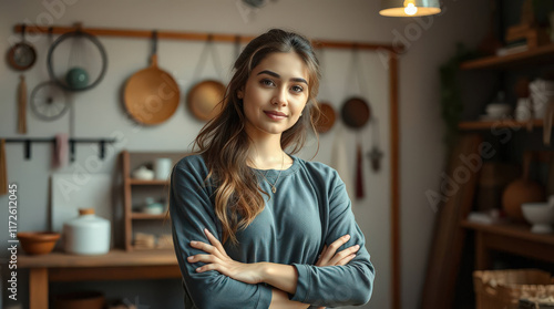 Confidently crossing her arms, a young woman in a kitchen embodies passion and expertise in the culinary arts