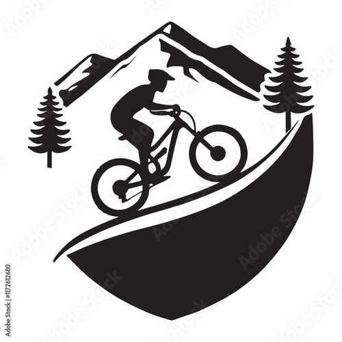 Mountain Biker Silhouette Illustration in Mountainous Terrain