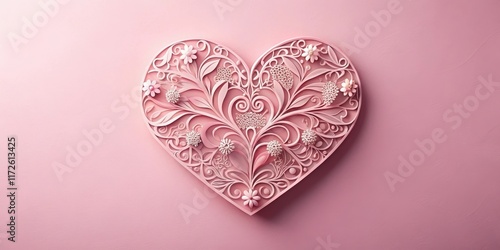 A delicate pink paper Valentine's Day heart with intricate details and patterns , handmade photo