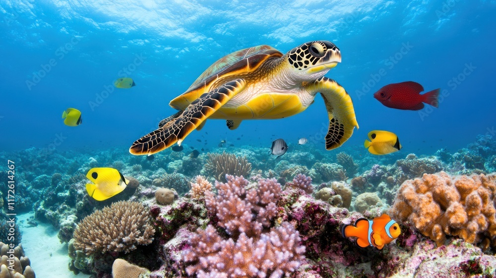 Obraz premium Underwater scene with a sea turtle and colorful fish among coral.