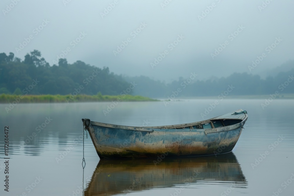 Obraz premium A rustic boat rests quietly on the calm waters of the river, surrounded by a hazy landscape of trees and greenery during an early morning fog