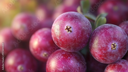 Close-up of fresh, glossy cranberries with subtle texture and color variations. photo