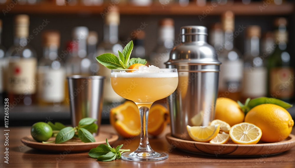 Fototapeta premium Cocktail garnished with mint and citrus fruits on bar counter