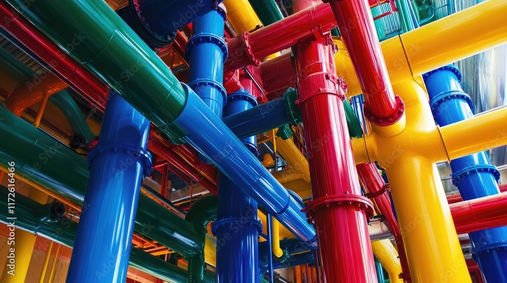 Industrial ducts and pipes painted in bright primary colors, arranged in a geometric pattern. Industrial ducts and pipes painted in bright primary colors, arranged in a geometric pattern.