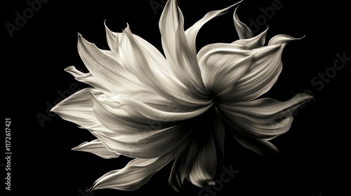 Monochrome close-up of a stylized flower with swirling petals against a black background.