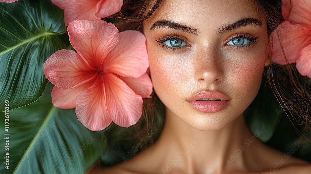 A close-up portrait of a young woman surrounded by vibrant flowers and leaves. A close-up portrait of a young woman surrounded by vibrant flowers and leaves.