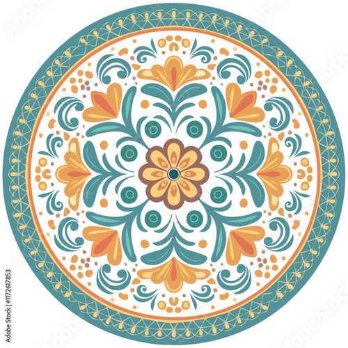  Majolica round vector pattern. Traditional Italian tiles for prints on clothes and plates. Classic Mediterranean azulejo design.