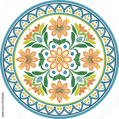  Majolica round vector pattern. Traditional Italian tiles for prints on clothes and plates. Classic Mediterranean azulejo design.