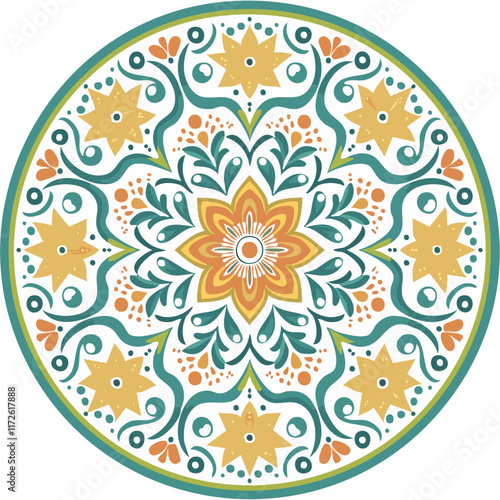  Majolica round vector pattern. Traditional Italian tiles for prints on clothes and plates. Classic Mediterranean azulejo design.