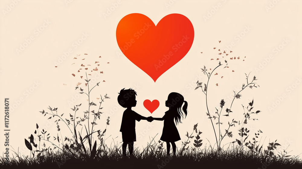Silhouette illustration of two children holding hands with heart Silhouette illustration of two children holding hands with heart