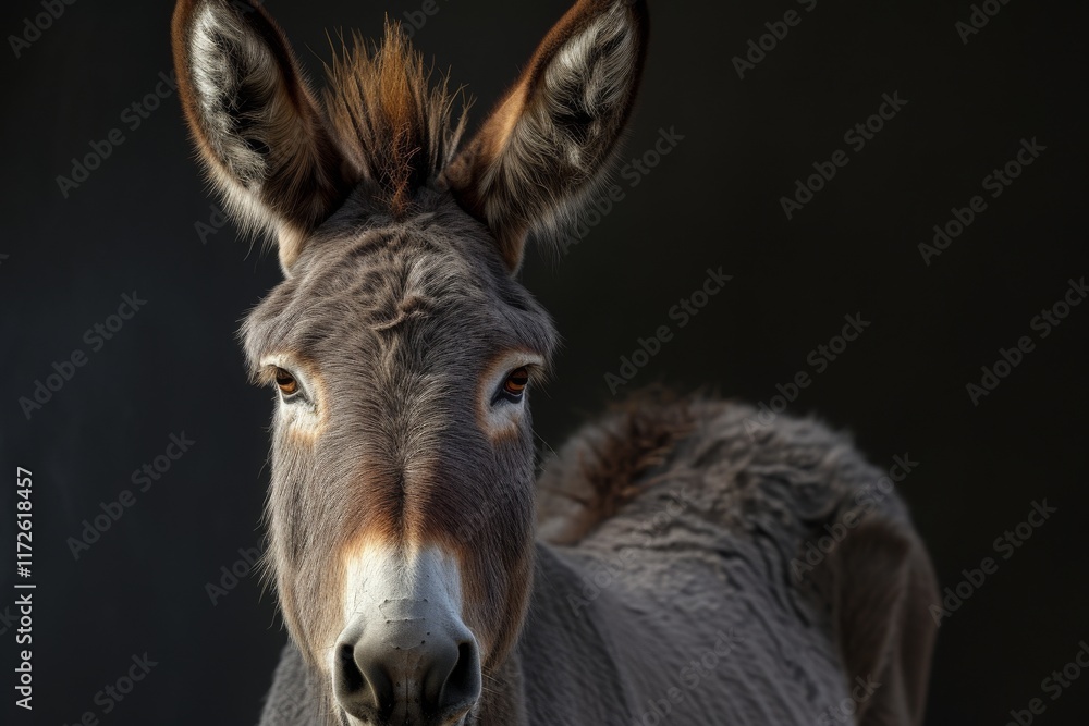 A close-up portrait of a donkey showcasing its expressive eyes and ears, set against a dark background, capturing the essence of this humble yet fascinating animal A close-up portrait of a donkey showcasing its expressive eyes and ears, set against a dark background, capturing the essence of this humble yet fascinating animal