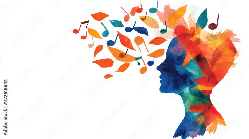 Fototapeta premium Feelings Cognitive Dialogue style. Colorful silhouette with abstract thoughts represented by music notes and leaves.