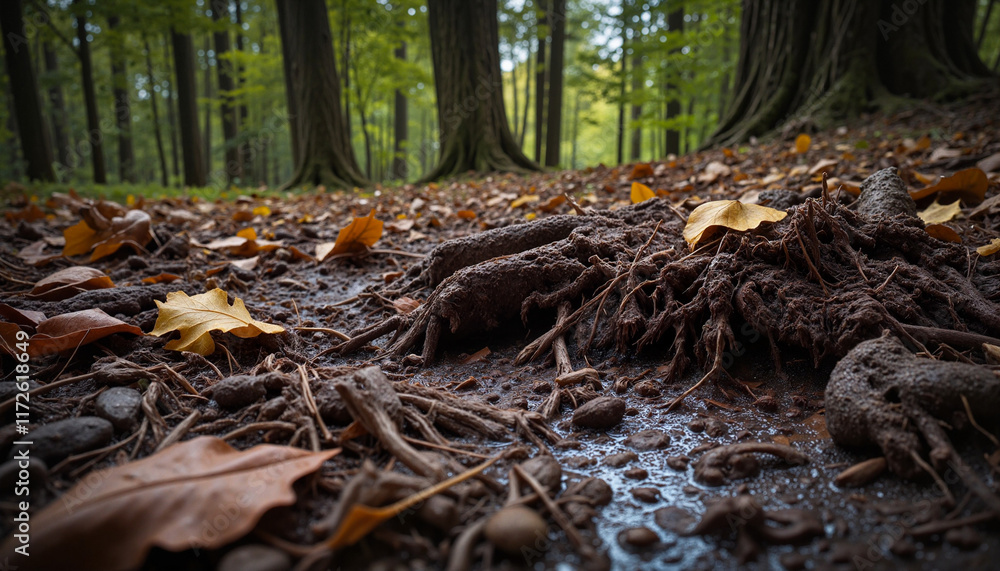 Obraz premium Forest floor with roots and fallen leaves in autumn