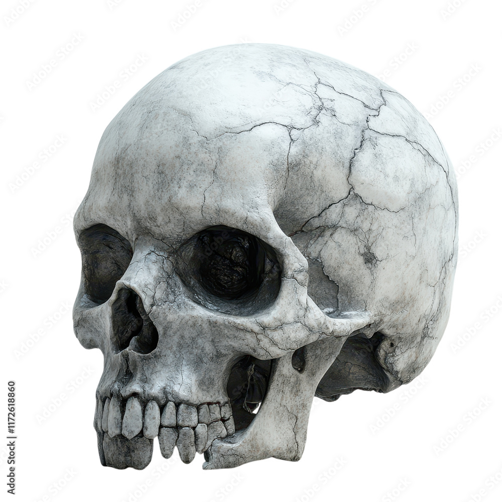 Minimalist White Skull Display, a stark and elegant representation of mortality, emphasizing form and simplicity against a clean backdrop