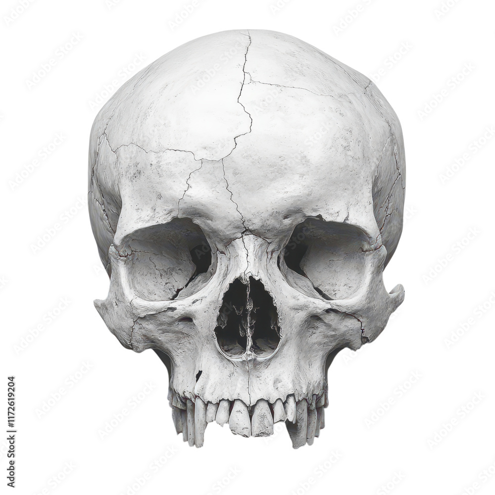 Obraz premium Minimalist skull design, stark white backdrop, emphasizes form and texture, evokes themes of mortality and simplicity, modern aesthetic