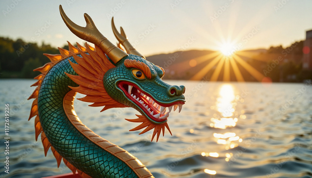 Obraz premium Dragon statue over water at sunset