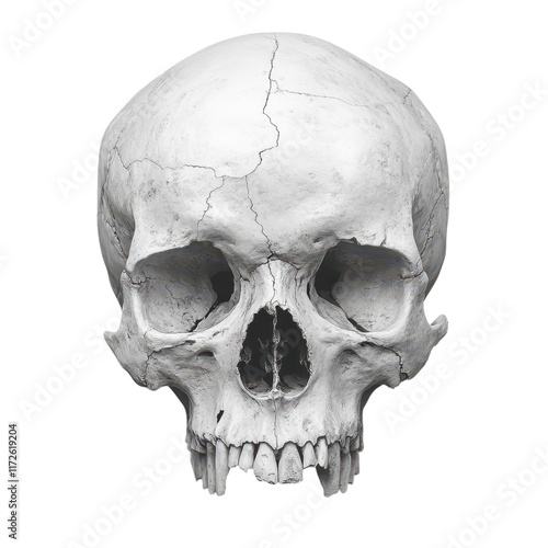 Minimalist skull design, stark white backdrop, emphasizes form and texture, evokes themes of mortality and simplicity, modern aesthetic photo