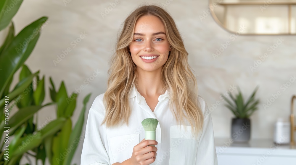 Smiling young caucasian female with green smoothie in modern kitchen Smiling young caucasian female with green smoothie in modern kitchen