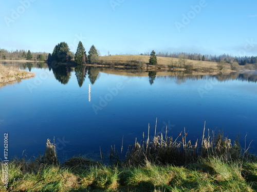 A harmoniously integrated mining pond in the Harz with a spillway. The winter photo showcases nature and engineering, perfect for diverse themes. photo