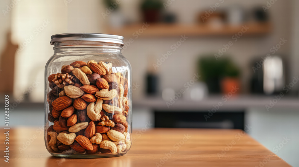 jar filled with mixed nuts on kitchen counter, showcasing variety of textures and colors, adds warm and inviting touch to home decor jar filled with mixed nuts on kitchen counter, showcasing variety of textures and colors, adds warm and inviting touch to home decor