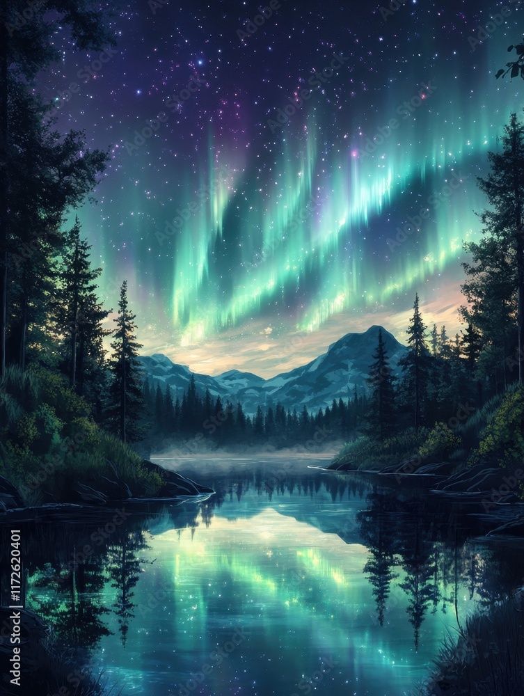 Stunning display of northern lights over a tranquil forest landscape at twilight with a serene river reflecting vibrant colors
Stunning display of northern lights over a tranquil forest landscape at twilight with a serene river reflecting vibrant colors