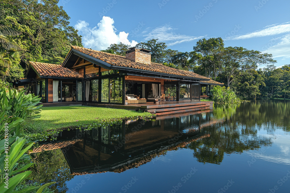 Lakeside modern house reflecting in calm water, forested background, luxury living Lakeside modern house reflecting in calm water, forested background, luxury living