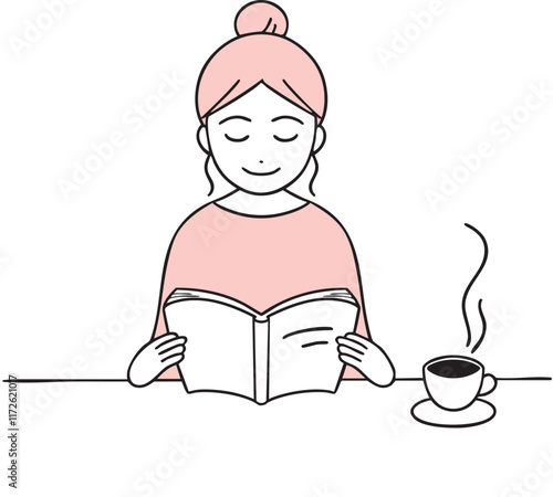 コーヒーを飲みながら本を読む女性