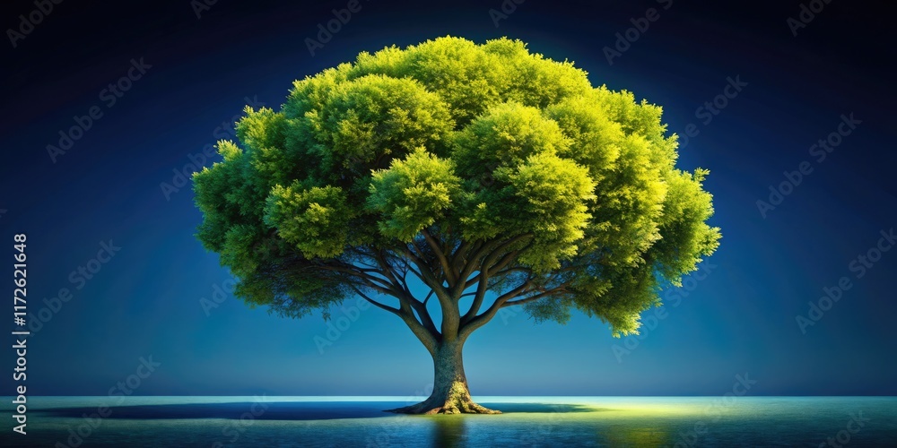 A deep ultramarine canvas showcases a surreal tree; gradient bark, ocean-blue branches, sharp focus, digital fantasy painting. A deep ultramarine canvas showcases a surreal tree; gradient bark, ocean-blue branches, sharp focus, digital fantasy painting.