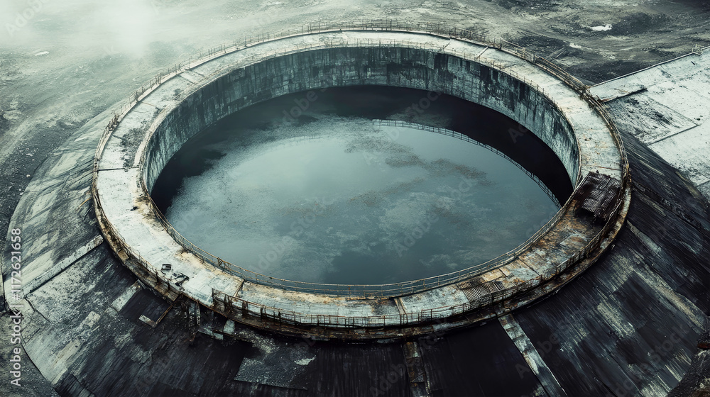 Aerial view of a striking industrial thickener tank amid landfill, highlighting unique architecture and vibrant colors Aerial view of a striking industrial thickener tank amid landfill, highlighting unique architecture and vibrant colors