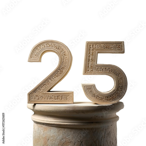 number 25 on a stone pedestal with ancient relief Hebrew scripts photo