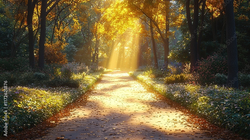 Obraz premium A serene path through a vibrant autumn forest illuminated by sunlight.