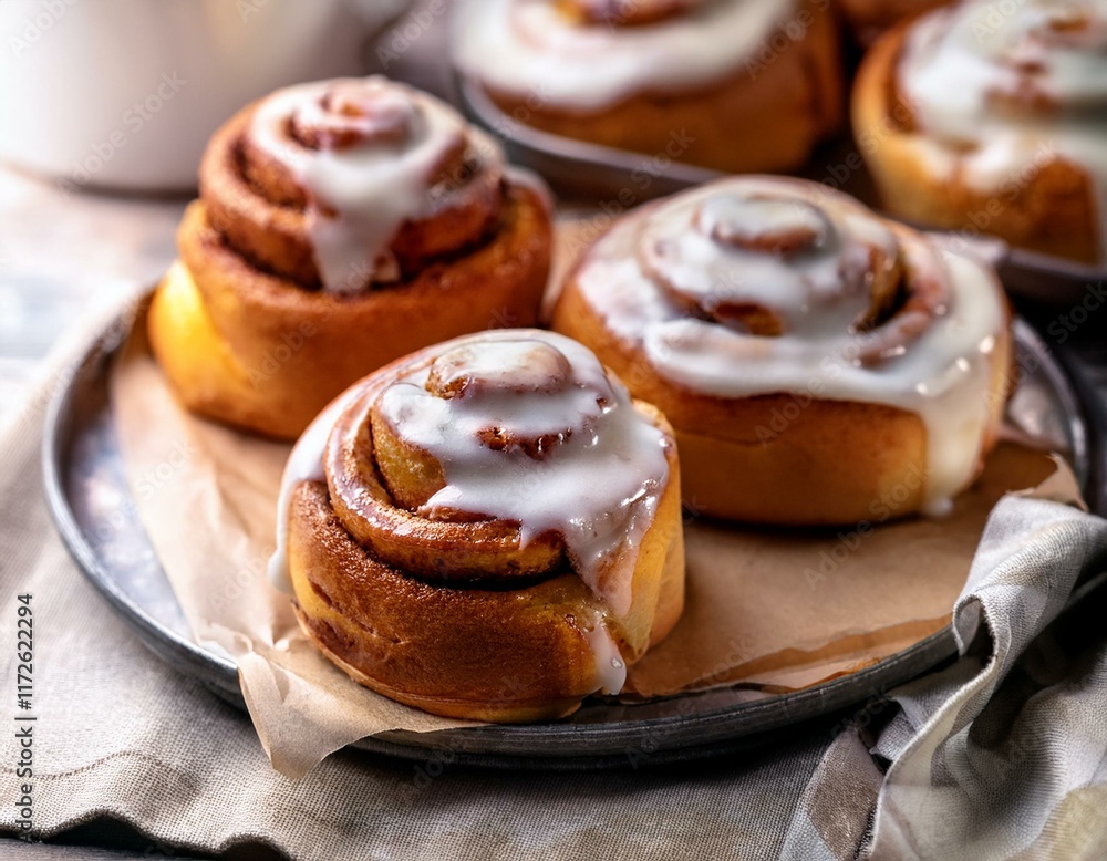 Freshly baking delicious cinnamon rolls with white frosting Freshly baking delicious cinnamon rolls with white frosting