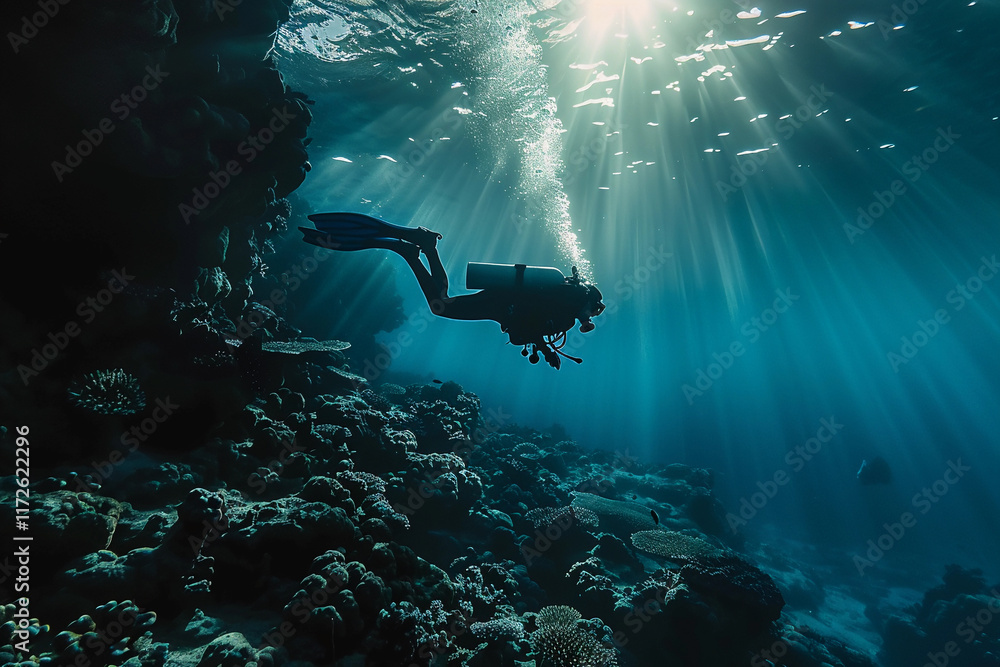 Fototapeta premium Beautiful diver goes on an underwater adventure in frighteningly deep blue sea, abstract vivid composition consists of fictional unreal fantastic vision on background