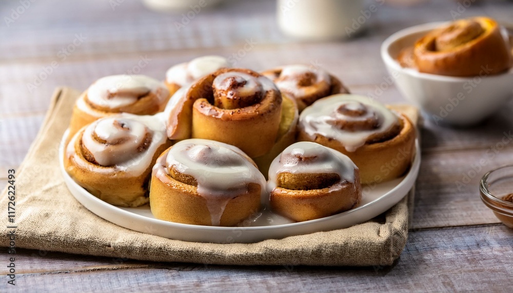 Freshly baking delicious cinnamon rolls with white frosting Freshly baking delicious cinnamon rolls with white frosting