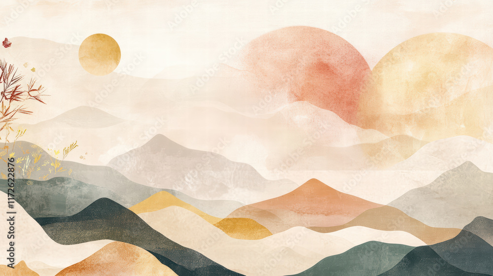 Obraz premium Serene landscape illustration featuring soft mountains and warm sun tones, creating calming atmosphere. Ideal for relaxation and meditation themes
