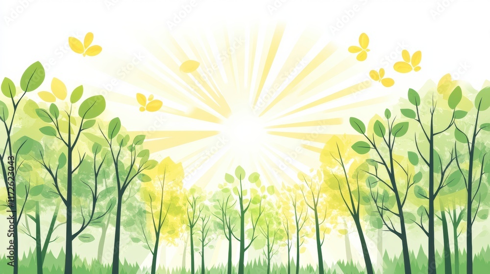 Obraz premium Bright and cheerful doodle of a sunny forest filled with green leaves and butterflies in a playful style. Generative AI