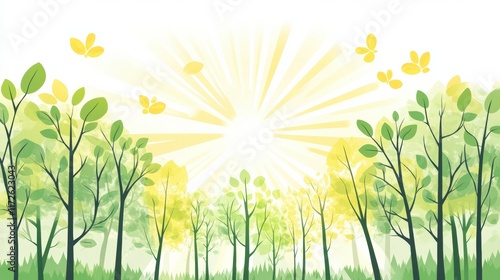 Bright and cheerful doodle of a sunny forest filled with green leaves and butterflies in a playful style. Generative AI photo