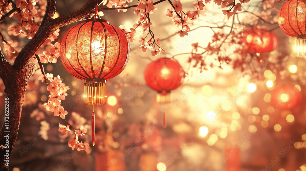 Fototapeta premium Vibrant Chinese New Year background with lanterns, cherry blossoms, and festive motifs