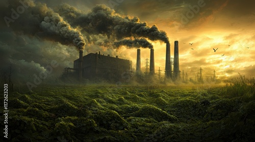 Factory emitting heavy smoke surrounded by green fields depicting industrial pollution and environmental toxicity
