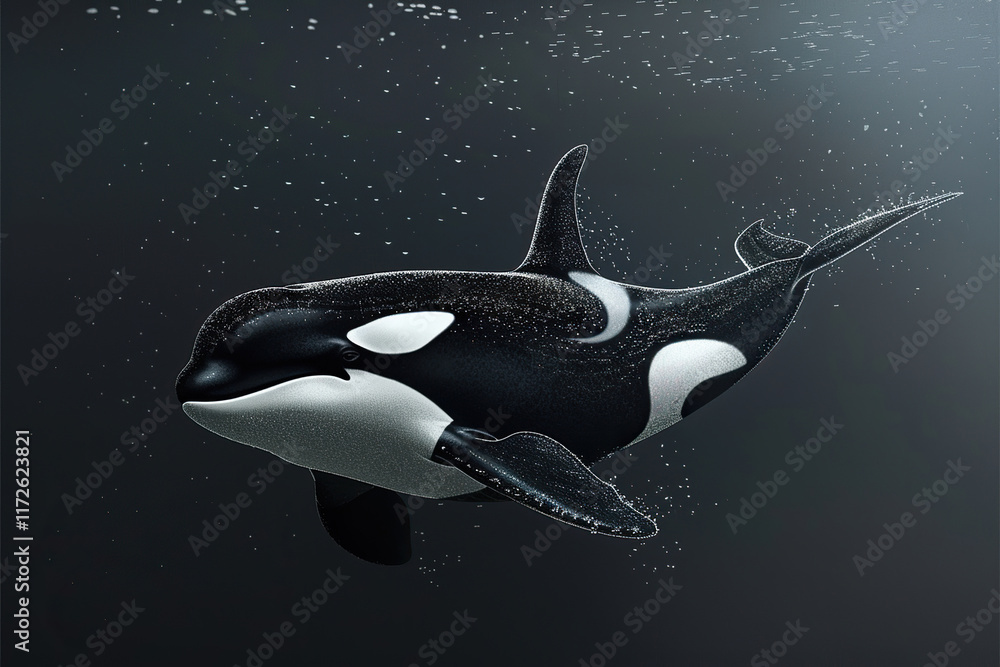 Obraz premium Fantastically beautiful majestic huge whale in deep blue ocean, abstract vivid composition consists of fictional unreal fantastic vision on background