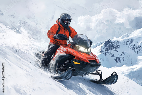 Snowmobiler conquers majestic mountain tops in an exhilarating winter adventure under a serene sky photo