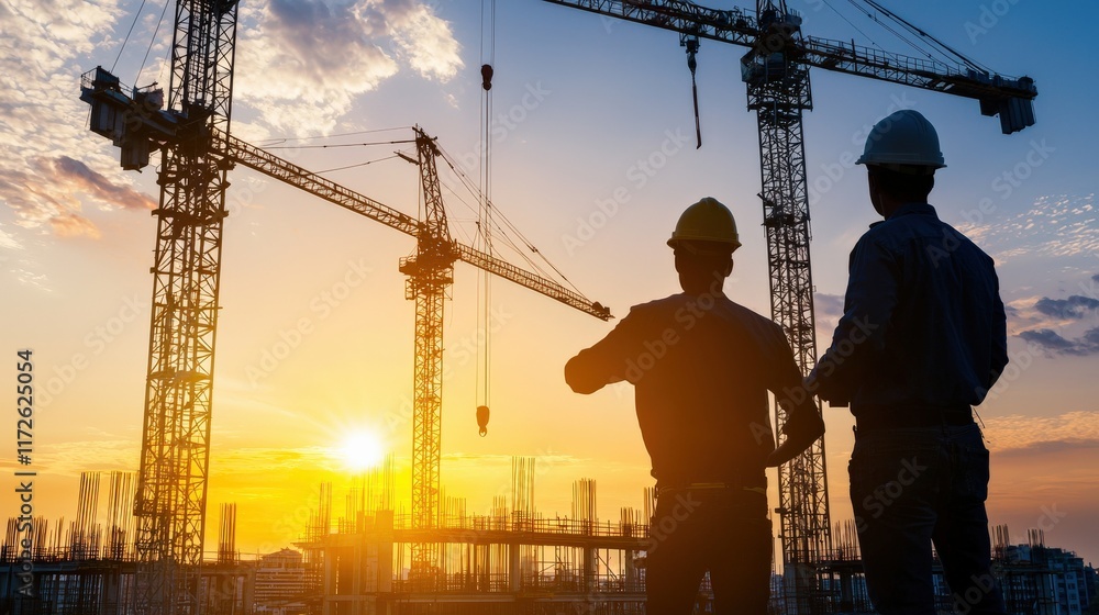 A construction site at dawn, with workers silhouetted against the rising sun A construction site at dawn, with workers silhouetted against the rising sun