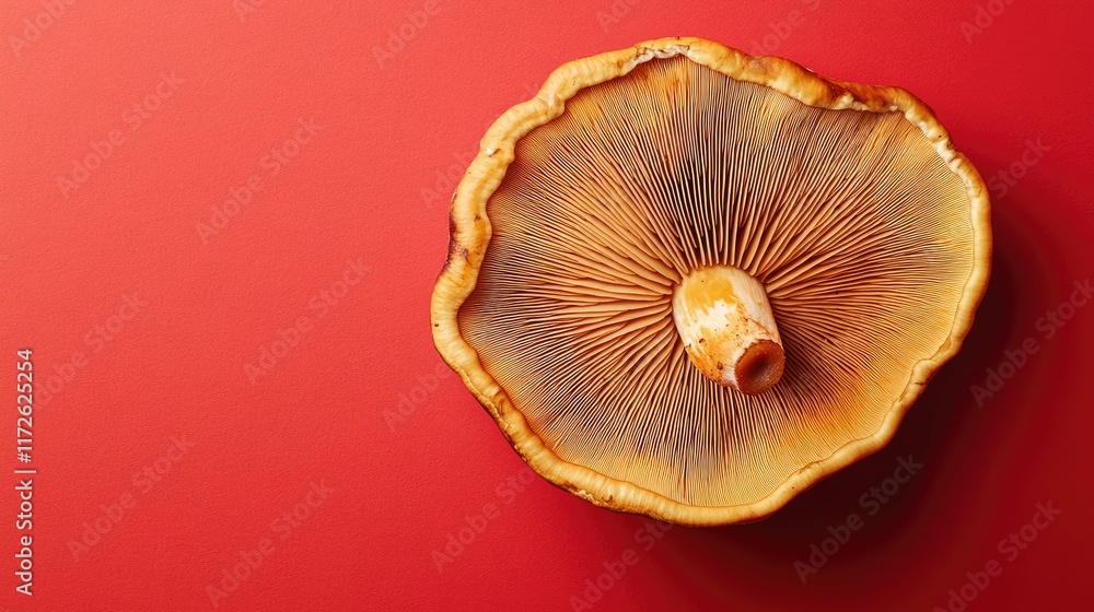 Minimalist photo of a single Reishi mushroom with natural curves, isolated on a bright red background. Minimalist photo of a single Reishi mushroom with natural curves, isolated on a bright red background.