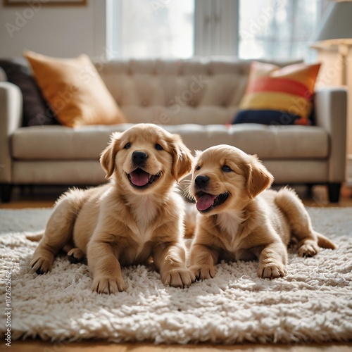 Several playful puppies tumbling on a soft carpet in a cozy living room, radiating warmth and joy.
