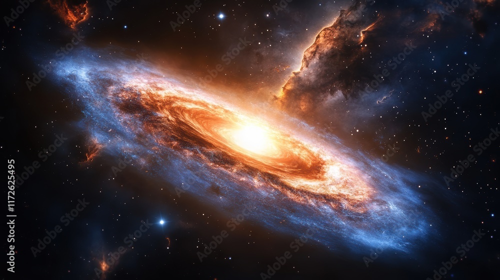 Fototapeta premium Vibrant spiral galaxy illuminated by starlight showcases cosmic beauty in deep space