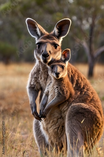 A mother kangaroo with her joey peeking from her pouch in the Australian outback, symbolizing maternal care.